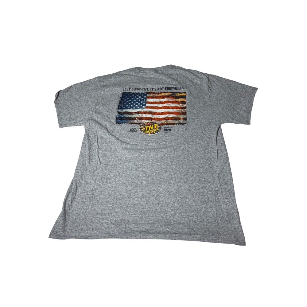 TNT Fireworks Graphic Tee Mens Large Gray Excellent American Flag Distressed